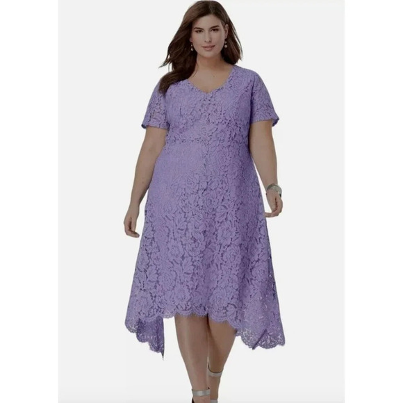 Size 18W PURPLE LAVENDER LACE‎ ASYMMETRICAL SHARKBITE HANDKERCHIEF HEM DRESS - Picture 1 of 10
